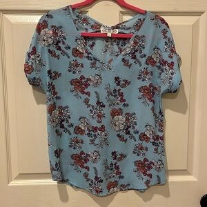 Pink Rose Floral Blouse - Blue and Red